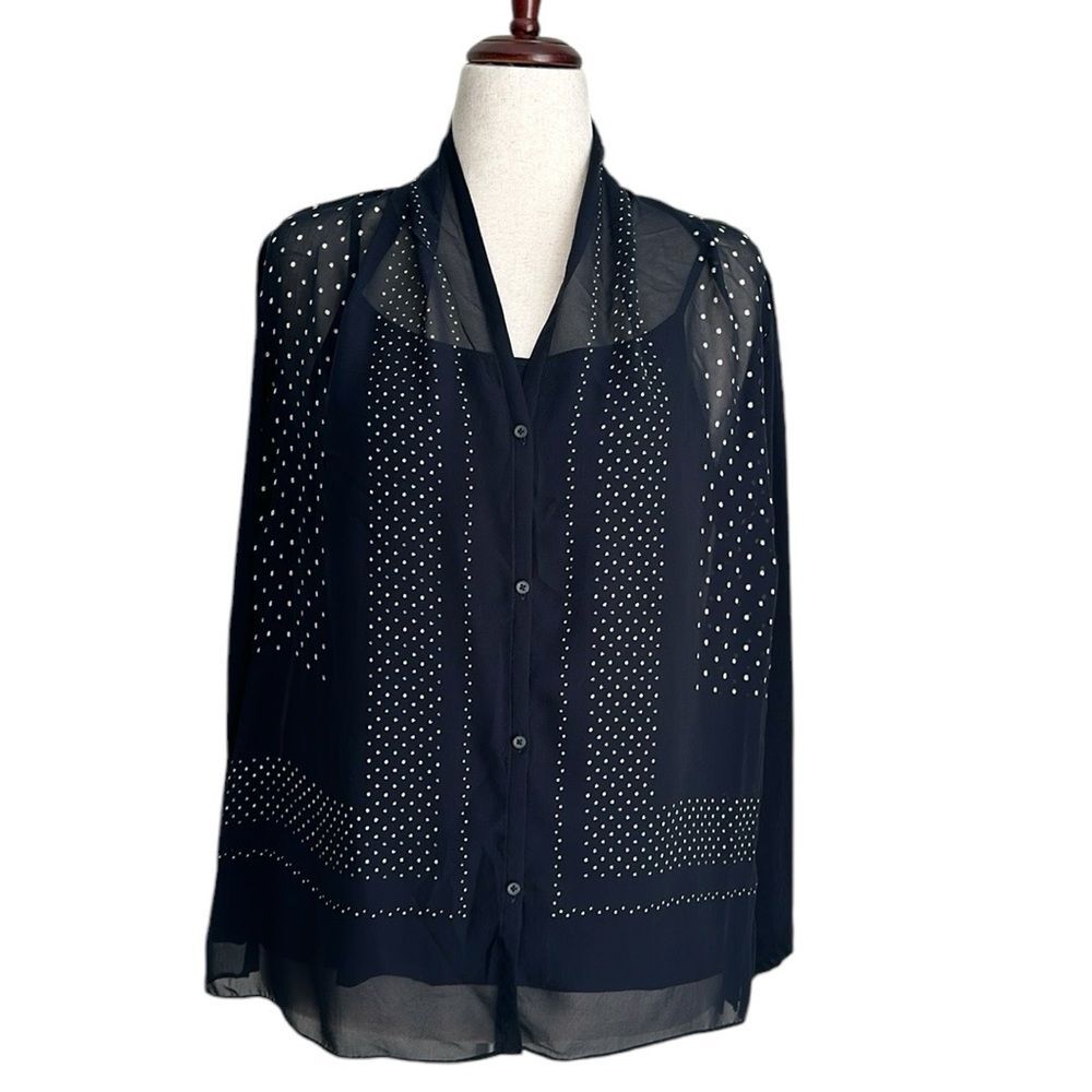 Pure DKNY Whimsigoth Women’s Sheer Polka Dot Mixed Media Button Up Blouse Size L
